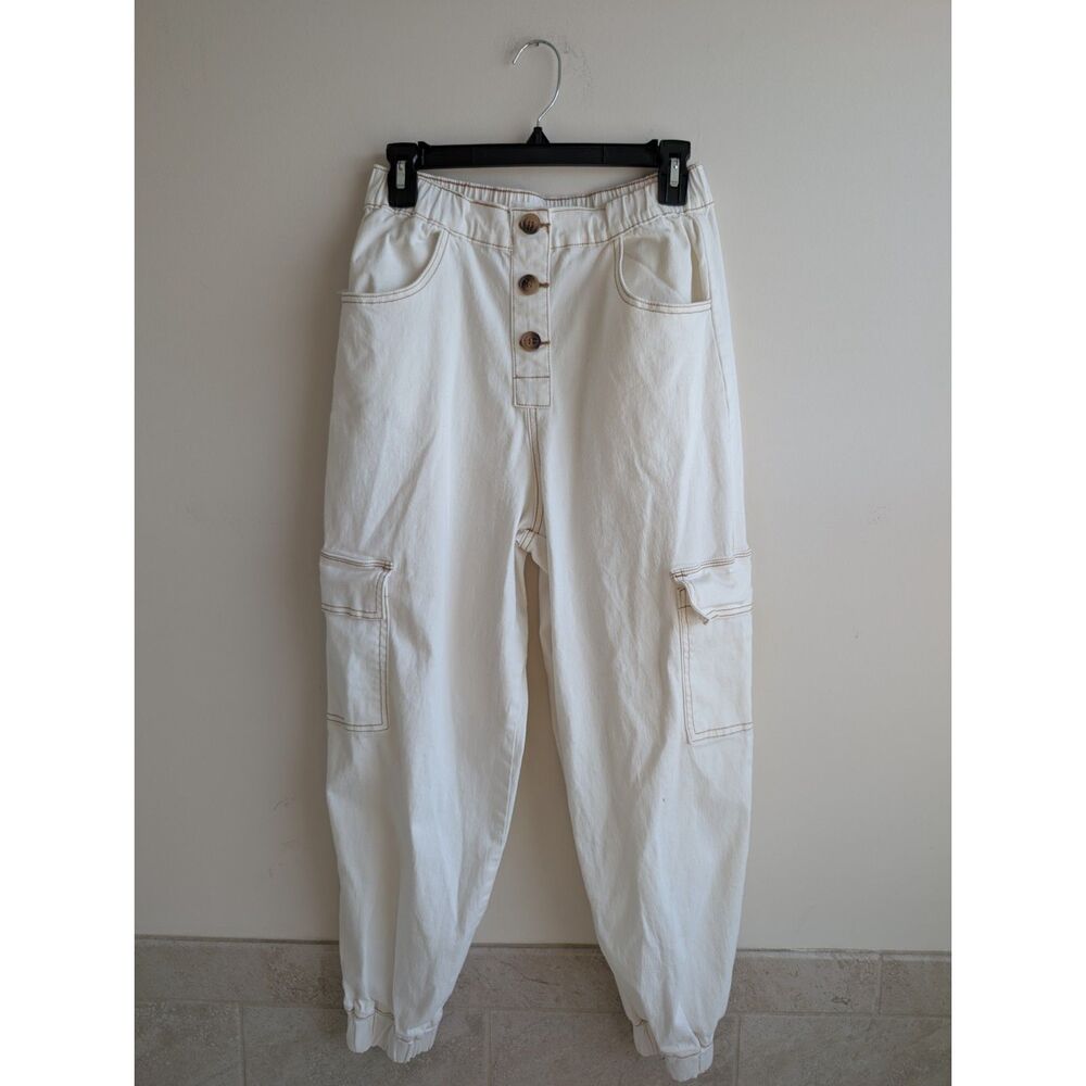 Almost Famous Women's M White Cargo Jogger Pants Contrast Stitch Utility Y2K
